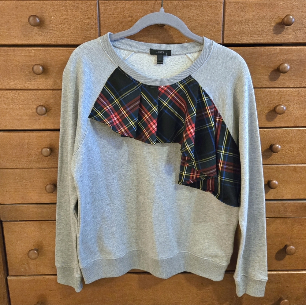 NEW J. Crew Gray Sweatshirt with Plaid Accent Sz Small - Picture 1 of 3